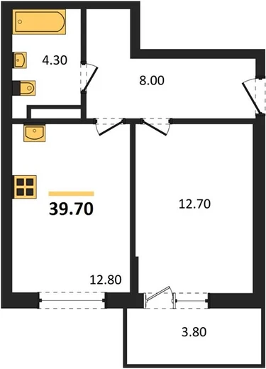 Квартира 1-комн. 39.7 кв. м