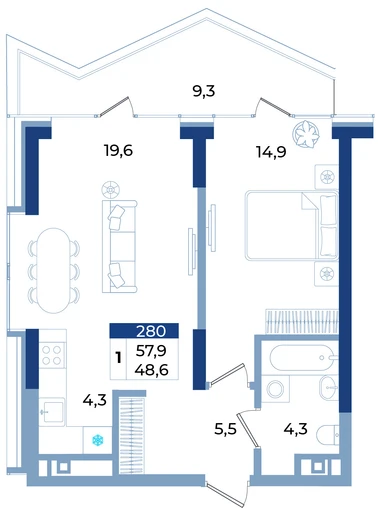 Апартаменты 1-комн. 57.9 кв.м