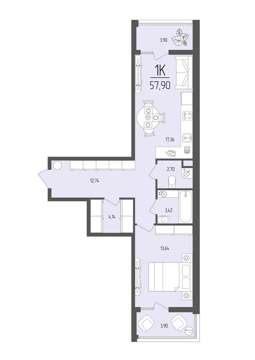 Квартира 1-комн. 57.9 кв. м