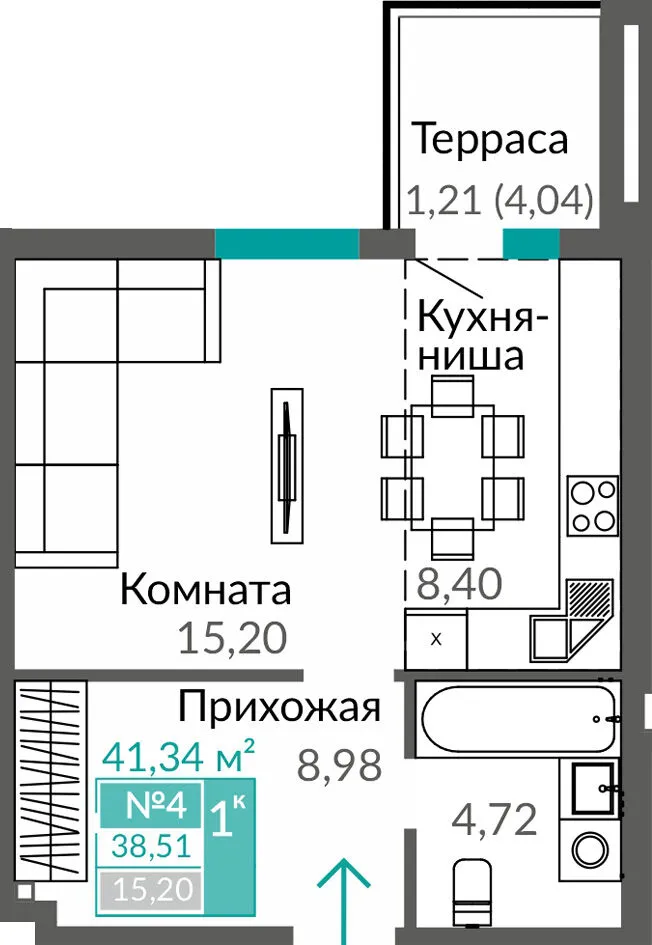 Квартира 1-комн. 38.51 кв.м