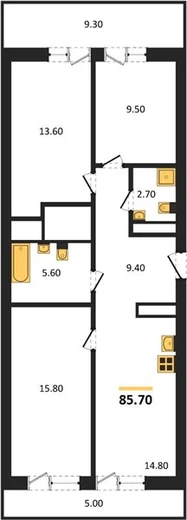Квартира 3-комн. 85.7 кв. м
