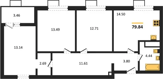 Квартира 3-комн. 79.84 кв. м