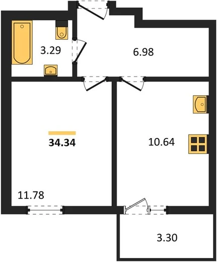 Квартира 1-комн. 34.34 кв. м