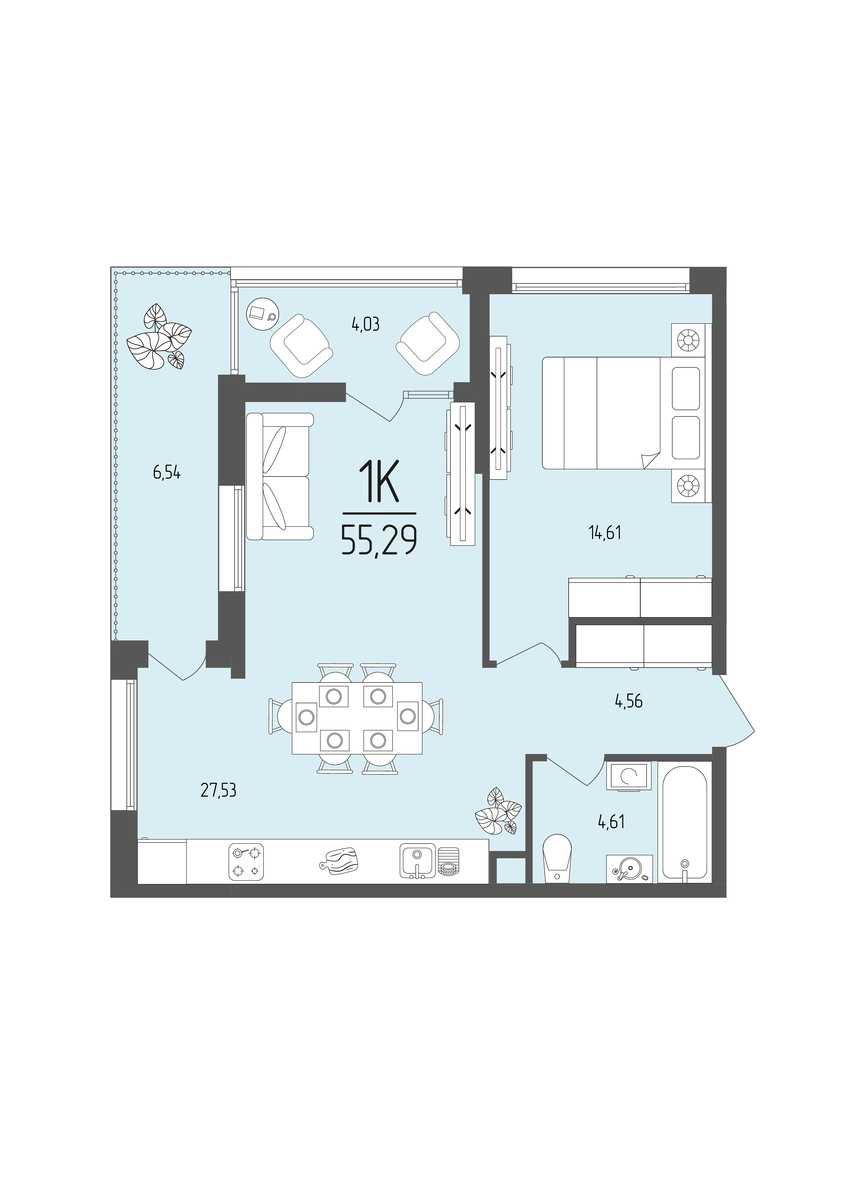 Квартира 1-комн. 55.29 кв. м