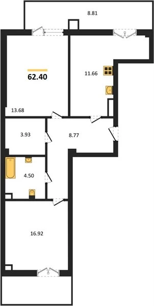 Квартира 2-комн. 62.4 кв. м