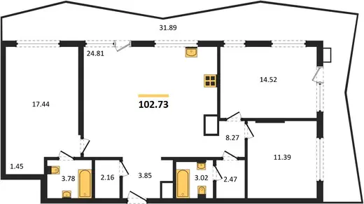 Квартира 3-комн. 102.73 кв. м