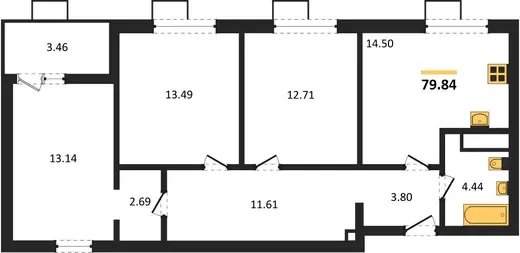 Квартира 3-комн. 79.84 кв. м