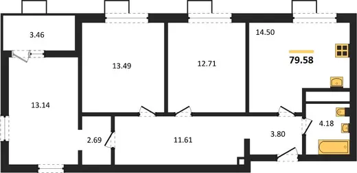 Квартира 3-комн. 79.58 кв. м