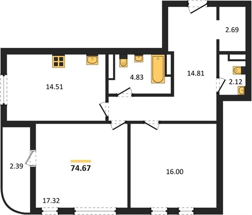 Квартира 2-комн. 74.67 кв. м