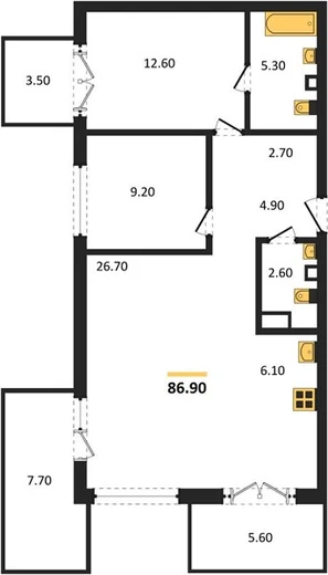 Квартира 2-комн. 86.9 кв. м