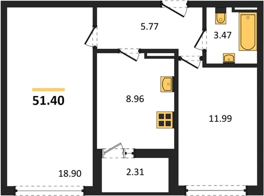 Квартира 2-комн. 51.4 кв. м