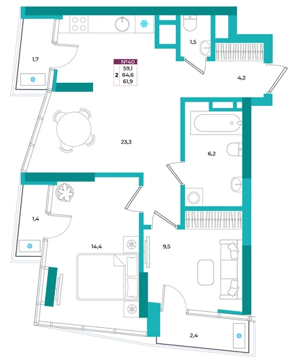 Квартира 2-комн. 61.9 кв.м