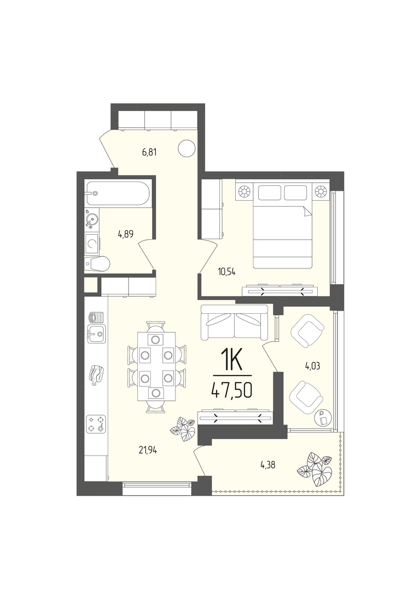 Квартира 1-комн. 47.5 кв. м