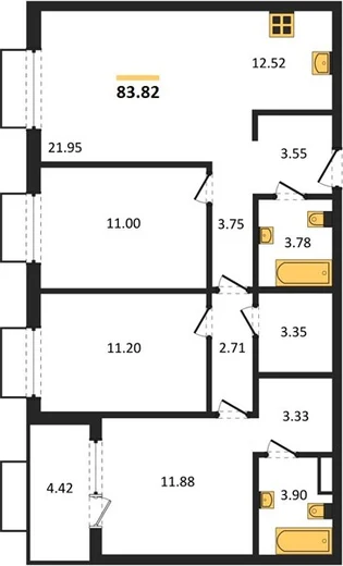 Квартира 3-комн. 83.82 кв. м