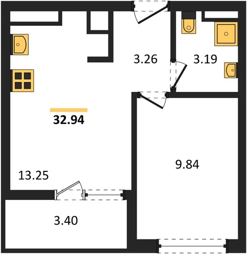 Квартира 1-комн. 32.94 кв. м