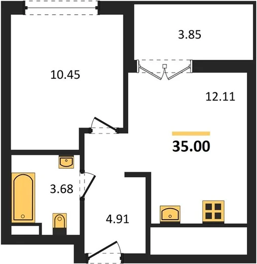 Квартира 1-комн. 35 кв. м