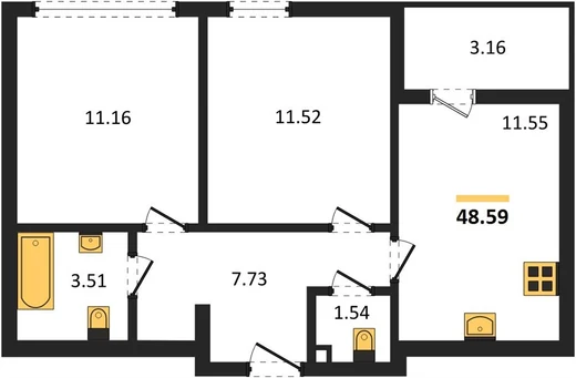 Квартира 2-комн. 48.59 кв. м