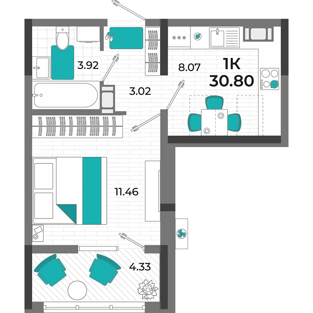 Квартира 1-комн. 30.8 кв. м
