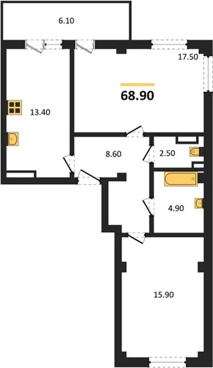 Квартира 2-комн. 68.9 кв. м