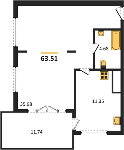Квартира 1-комн. 63.51 кв. м