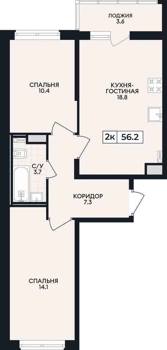 Квартира 2-комн. 56.2 кв. м