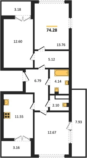 Квартира 3-комн. 74.28 кв. м