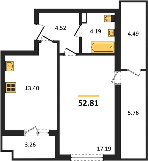 Квартира 1-комн. 52.81 кв. м