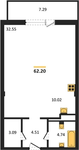 Апартаменты 1-комн. 62.2 кв. м