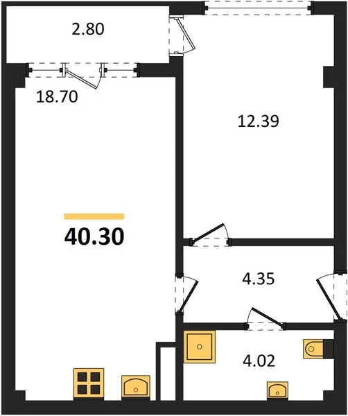 Квартира 1-комн. 40.3 кв. м