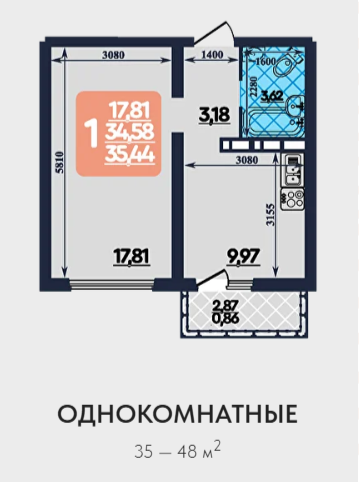 Квартира 1-комн. 35 кв. м