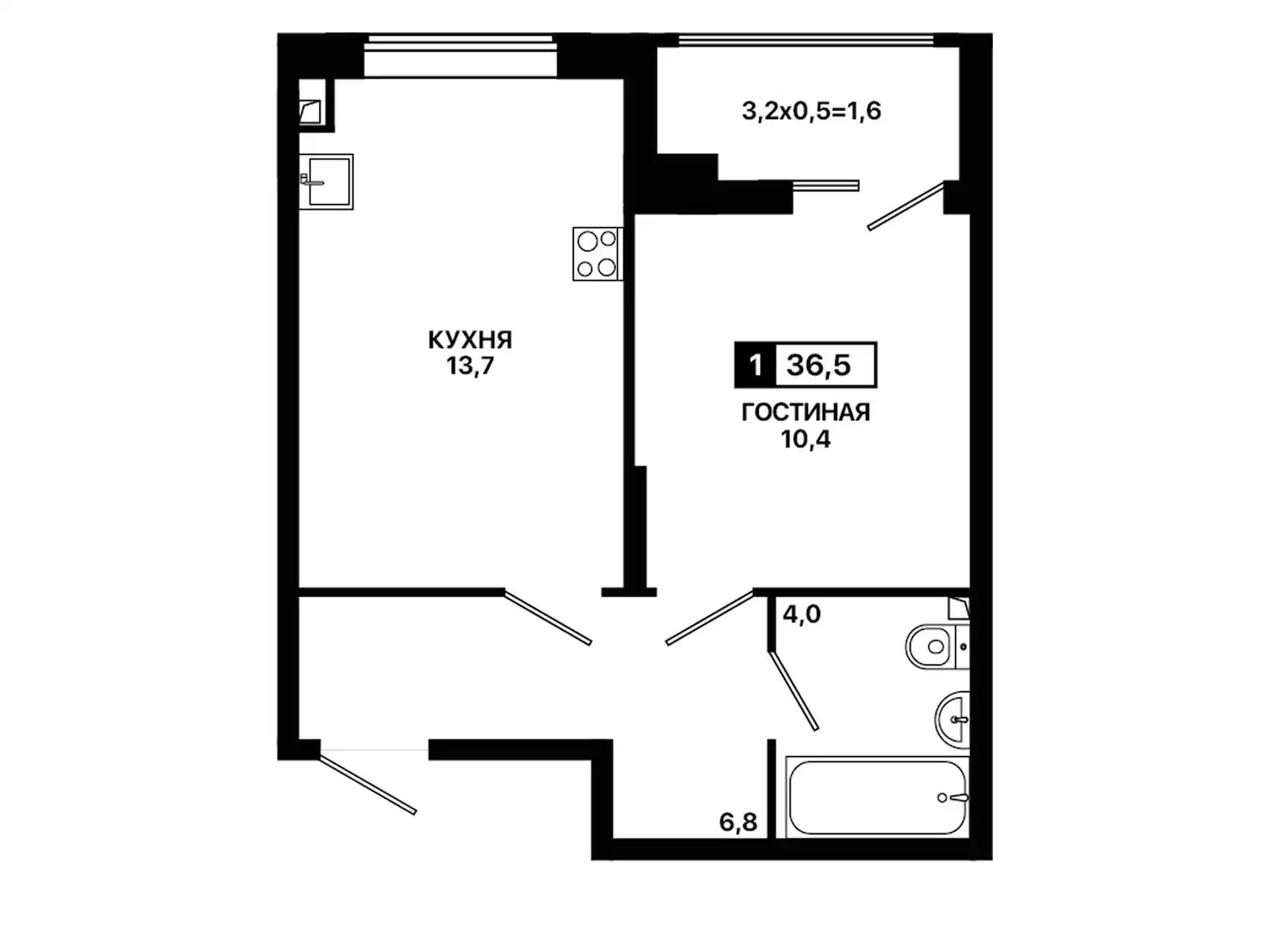 Квартира 1-комн. 36.5 кв. м