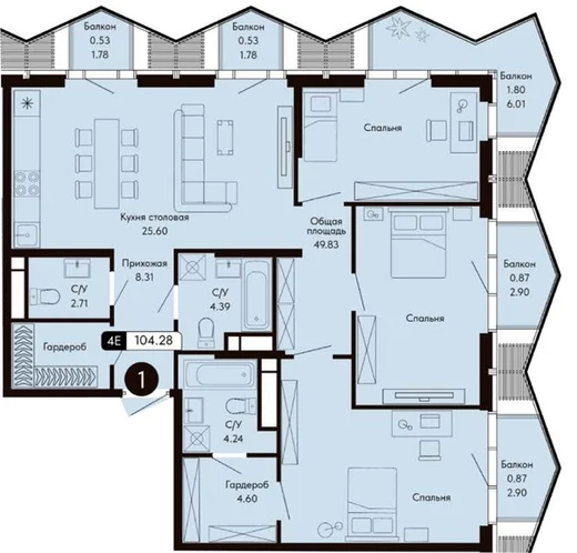 Квартира 3-комн. 104.28 кв. м