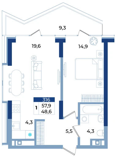 Апартаменты 1-комн. 57.9 кв.м