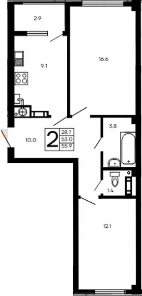Квартира 2-комн. 55.9 кв. м