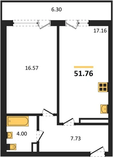 Квартира 1-комн. 51.76 кв. м
