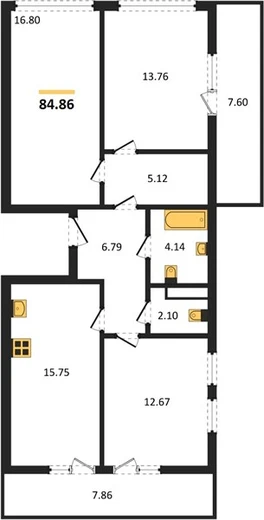 Квартира 3-комн. 84.86 кв. м