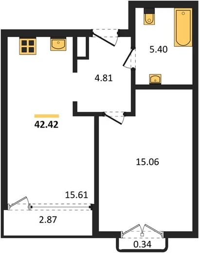 Квартира 1-комн. 42.42 кв. м