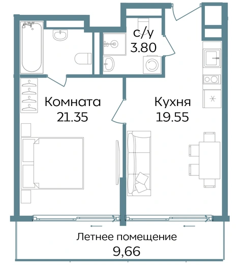 Апартаменты 2-комн. 54.36 кв. м