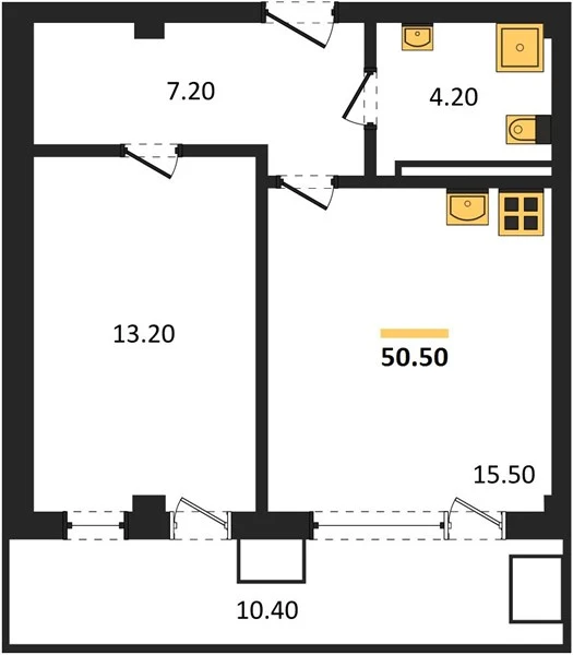 Апартаменты 1-комн. 50.5 кв. м