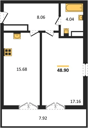 Квартира 1-комн. 48.9 кв. м