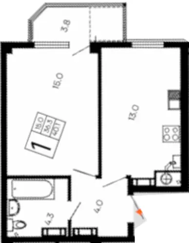 Квартира 1-комн. 40.1 кв. м