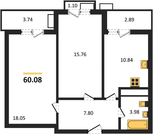 Квартира 2-комн. 60.08 кв. м