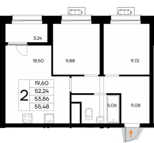 Квартира 2-комн. 55.48 кв. м