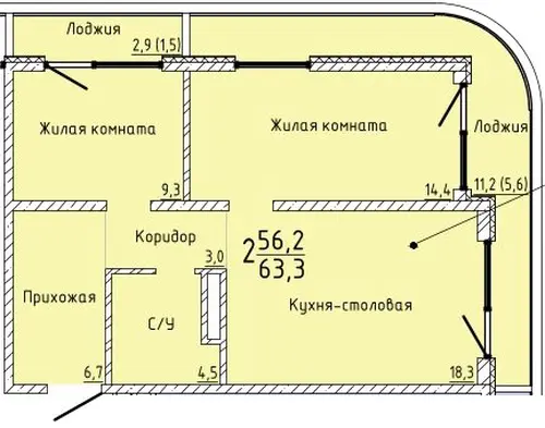 Квартира 2-комн. 63.3 кв. м