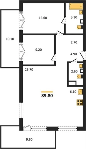 Квартира 2-комн. 89.8 кв. м