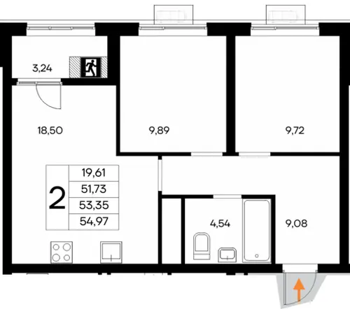 Квартира 2-комн. 54.97 кв. м