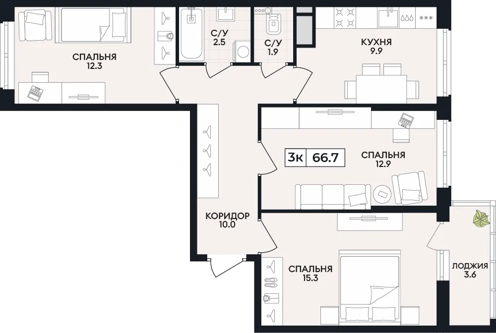 Квартира 3-комн. 66.7 кв. м