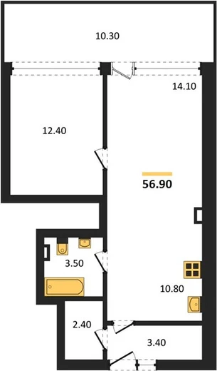 Апартаменты 1-комн. 56.9 кв. м