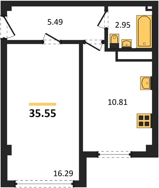 Квартира 1-комн. 35.55 кв. м