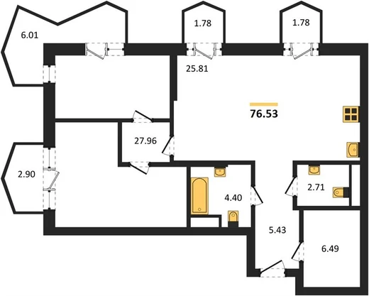 Квартира 2-комн. 76.53 кв. м